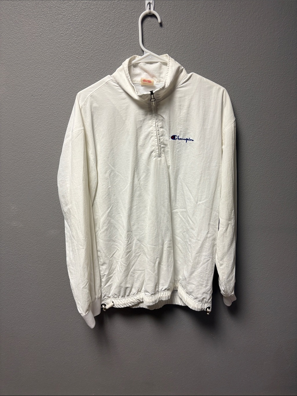 Vintage Champion White Pullover Windbreaker with Blue Logo